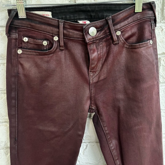 True Religion Halle super skinny  shiny maroon jeans - Picture 3 of 8